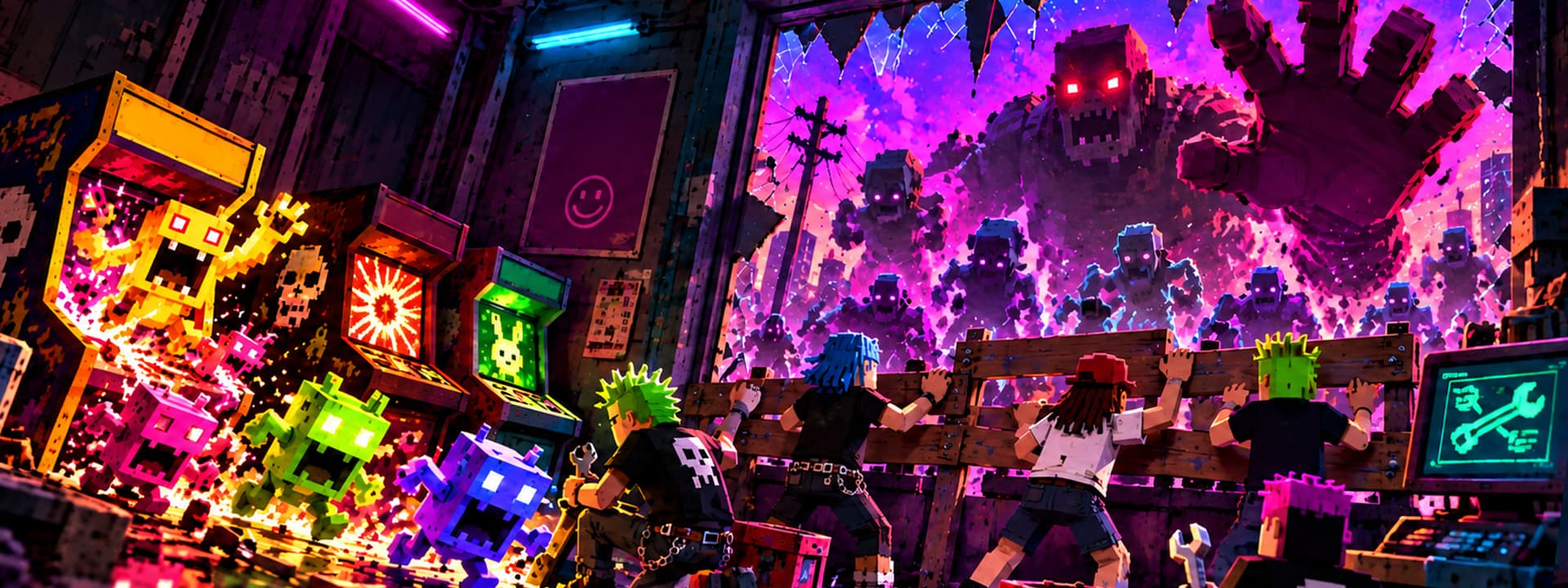 Last Arcade crew defending a neon arcade from a monster horde