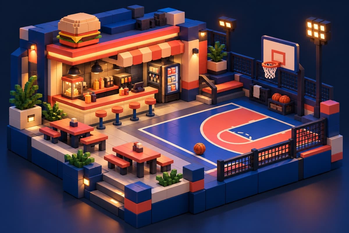 Blocky 3D diorama of a burger stand and basketball court at night
