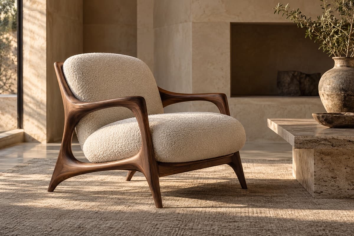 A walnut and bouclé lounge chair in a sunlit travertine room