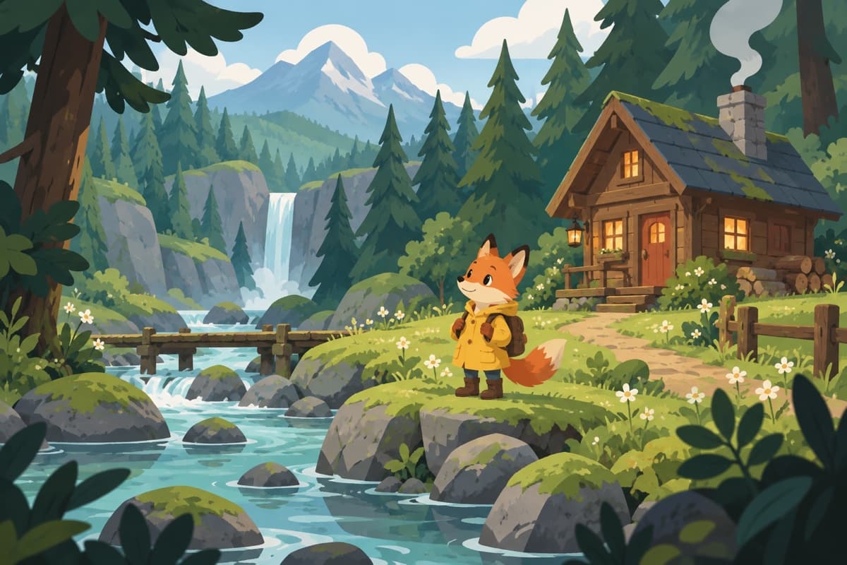 Illustrated fox in a yellow raincoat beside a forest cabin