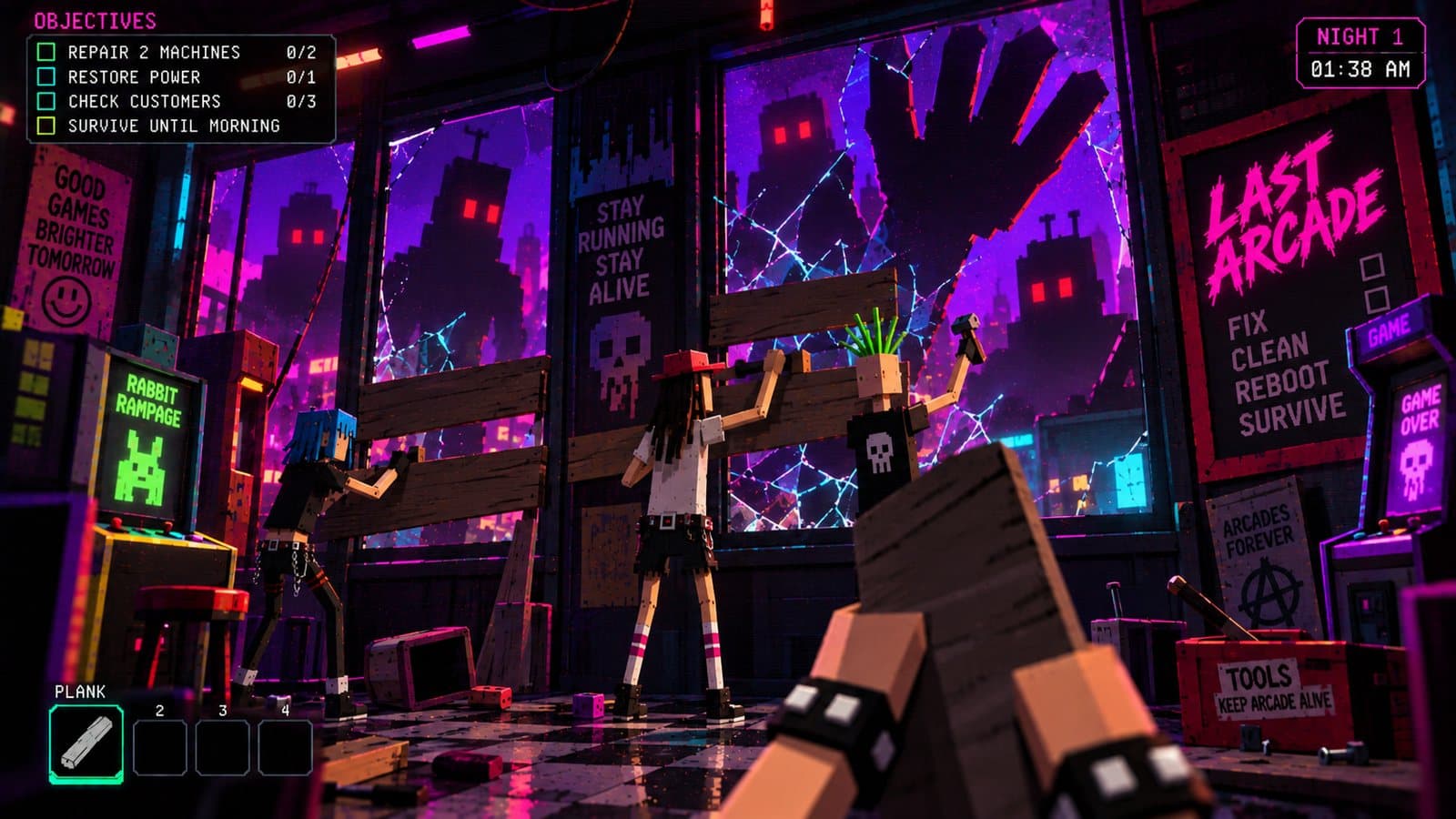 First-person view of the crew barricading an arcade window
