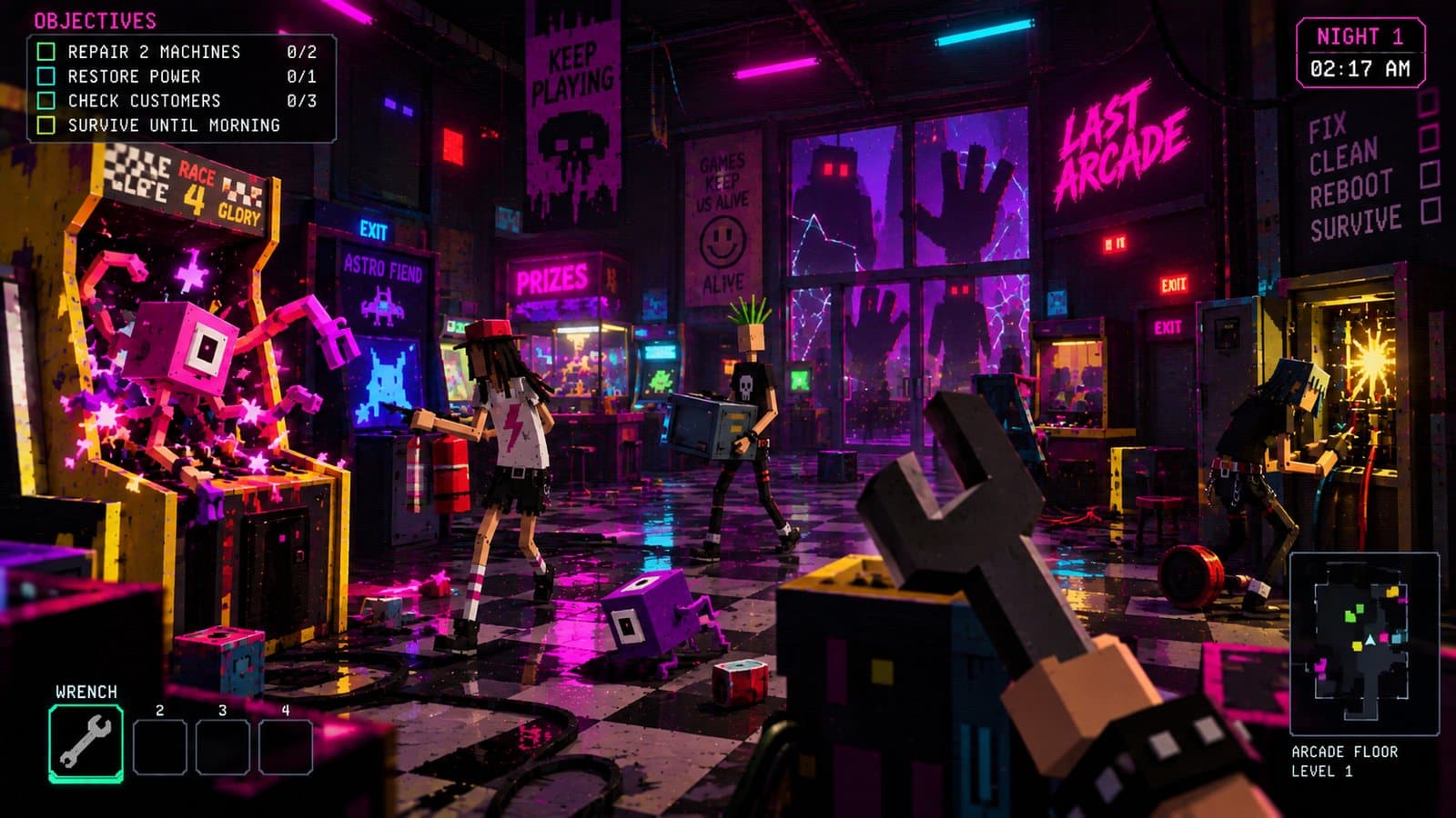 A first-person repair task inside Last Arcade