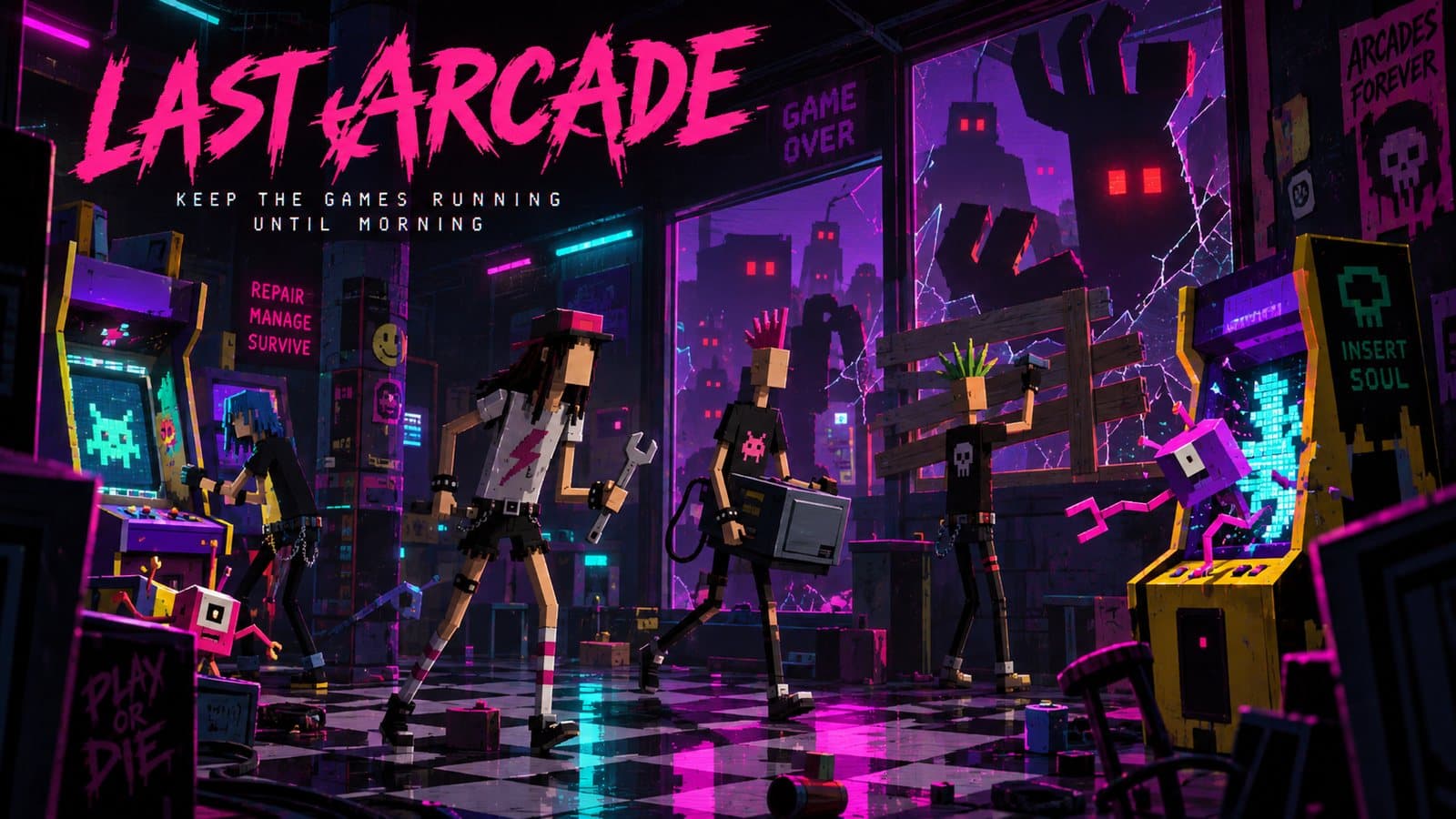 The Last Arcade night crew defending a neon arcade