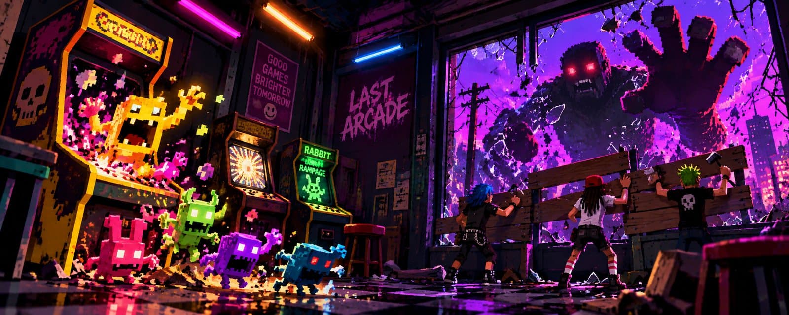 Arcade creatures inside and monsters outside the building
