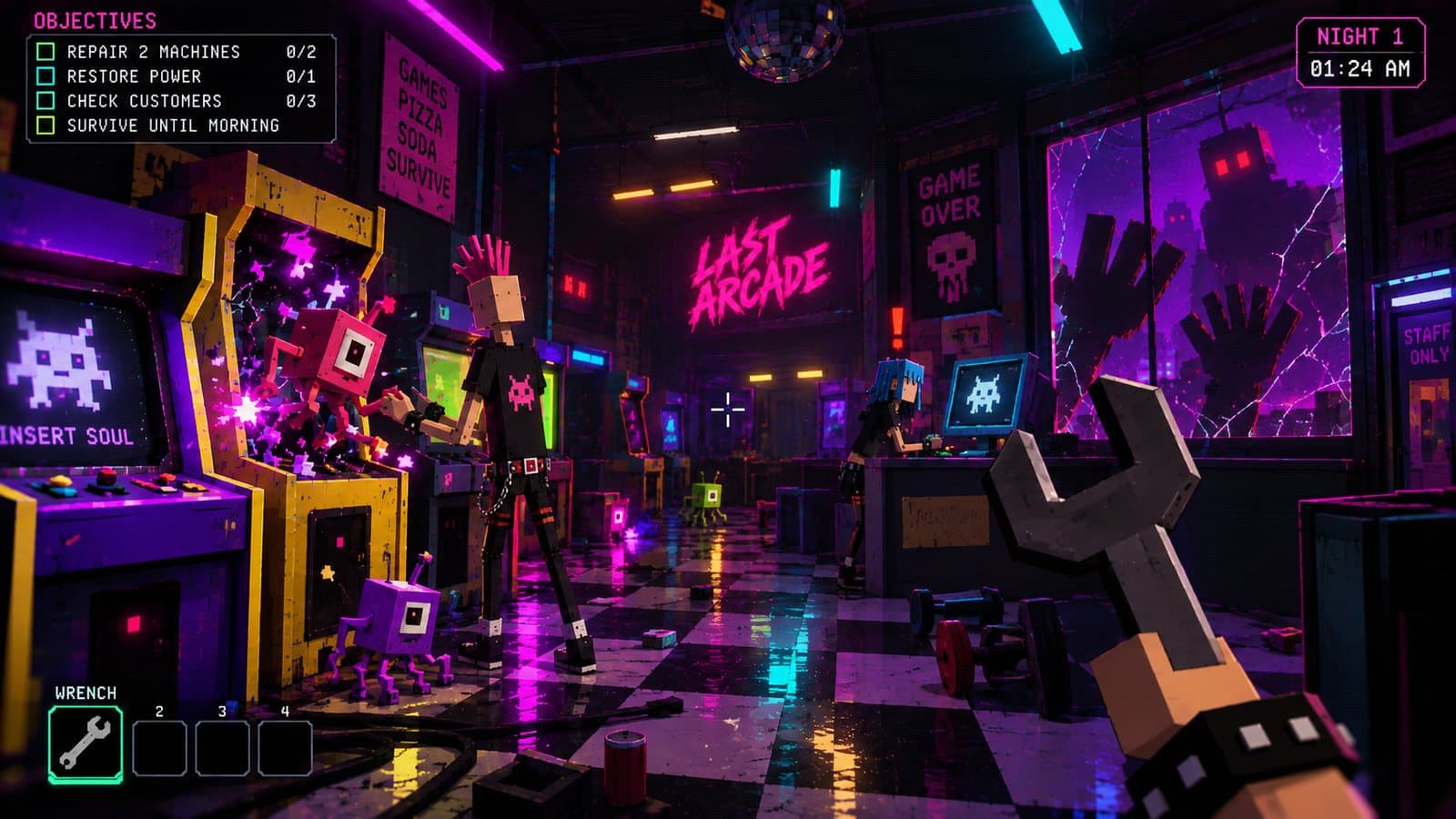 Crew members working inside the neon arcade